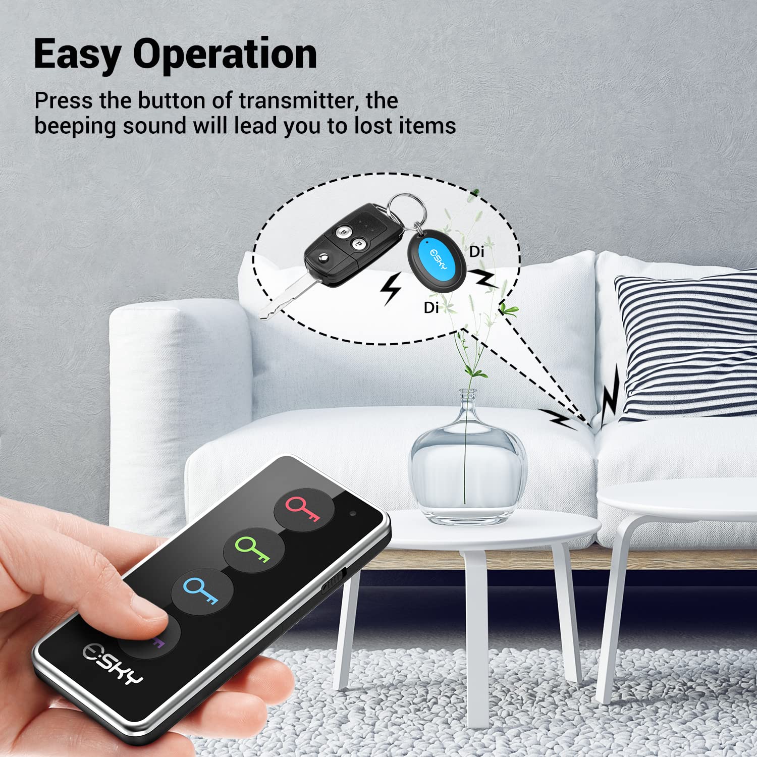 Key Finder, Esky Wireless RF Item Locator, 1 Transmitter with 4 Receivers, Item Tracker with 131ft Working Range and Led Flashlight Function, Key RF Locator, Pet Tracker Wallet Tracker