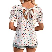 Floerns Women's Polka Dots Print Tie Back Short Puff Sleeve Blouse Shirts Top