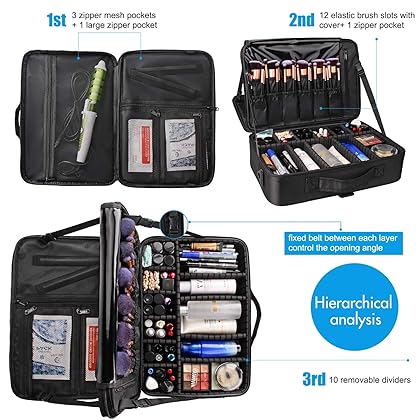 Relavel Makeup Case Large Makeup Bag Professional Train Case 16.5 inches Travel Cosmetic Organizer Brush Holder Waterproof Makeup Artist Storage Box, 3 Layer Large Capacity, with Adjustable Strap