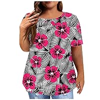 Plus Size Tops for Women,Womens Casual Floral Print Crewneck Short Sleeve Shirts Loose Vacation Trendy T-Shirt