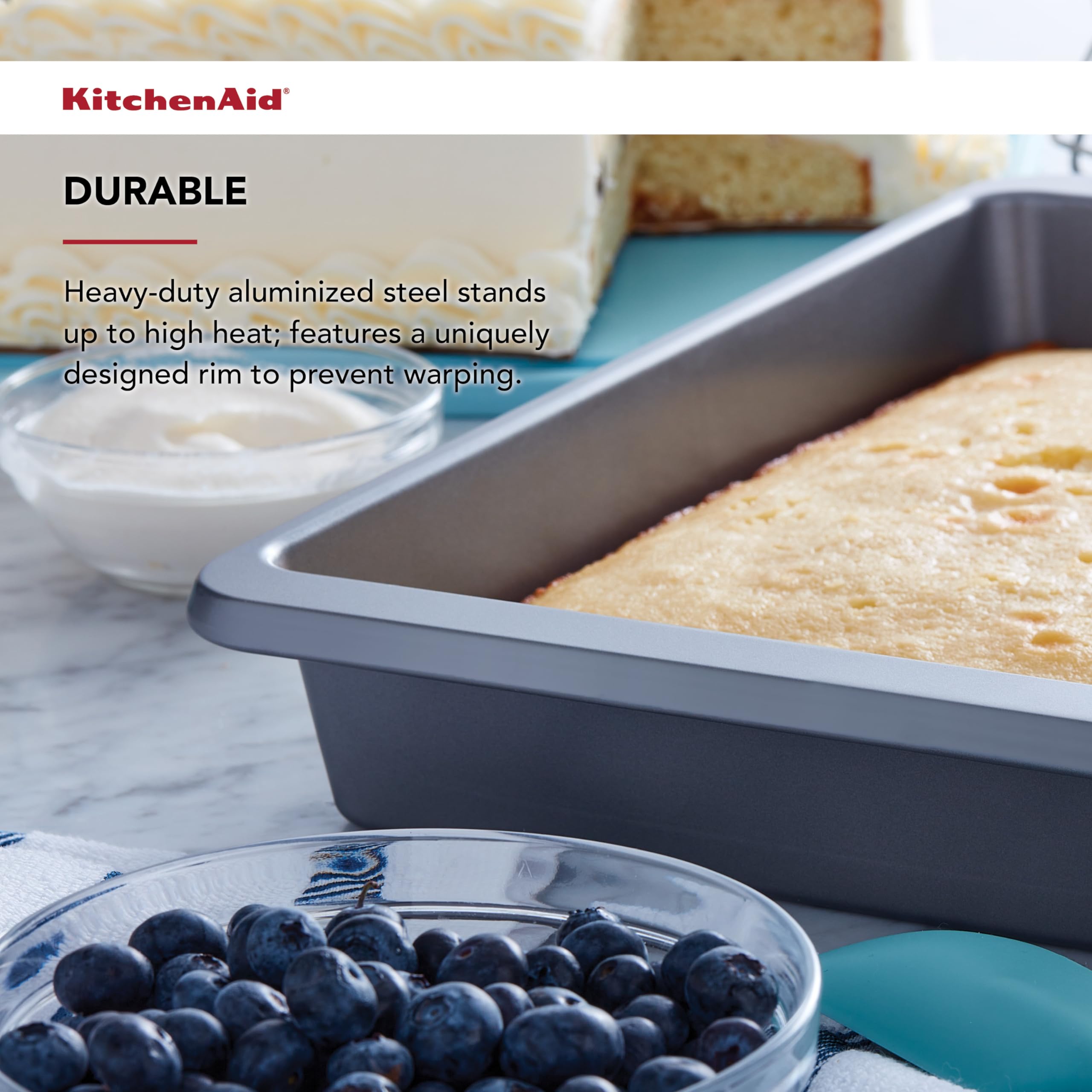 KitchenAid Nonstick 9x 13 in Cake Pan with Extended Handles for Easy Grip, Aluminized Steel to Promoted Even Baking, Dishwasher Safe,Contour Silver