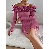 2023 Women's Dresses Off Shoulder Ruffle Trim Bodycon Dress Women's Dresses (Color : Pink, Size : Large)
