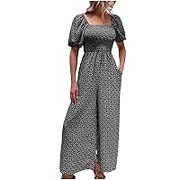 Jumpsuit For Women Uk Summer Jumpsuit Fashion Women High Waist Square Neck Bubble Sleeve Wide Leg Pant With Print Summer Puff Sleeve Casual Boho Dungarees Ladies Jumpsuits Size 16 Uk