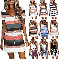 Summer Dresses for Women 2024 Boho Casual Loose Sling Sleeveless Stripe Contrast Colors Mini Sundresses Beach Dress Pockets