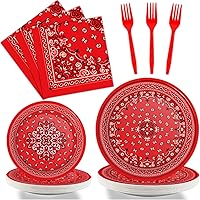 Wiooffen 96 Pcs Red Bandana Western Party Supplies Paisley Cowboy Cowgirl Farm Themed Party Decoration Bandana Western Party Tableware Set Kids Party Paper Plate Napkin Fork 24 Guests