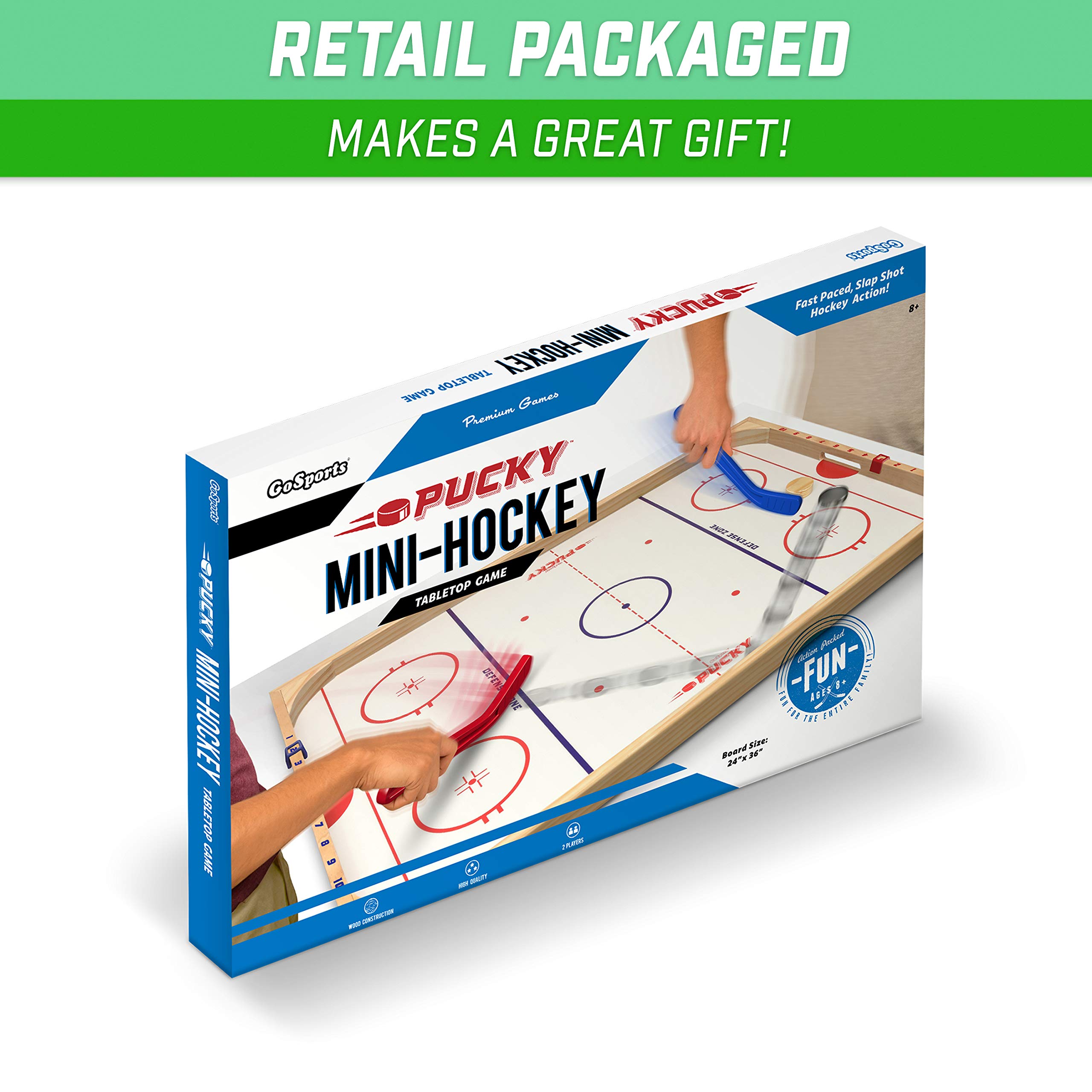 GoSports Ice Pucky Wooden Tabletop Hockey Game for Kids & Adults - Includes 1 game board, 2 Hockey Sticks & 3 Pucks