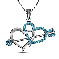 Valentine Day Special 14k Black Gold Plated Alloy 0.15 Ct Blue Topaz Double Heart with Arrow Pendant Necklace with 18'' Chain