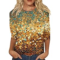 Tops for Women Sexy Casual, Flowy Tops for Women Womens Summer Teacher Shirts Women's Simulated Sequined Flowing Gold Printed Pattern Three-Quarter Sleeve Top Cute Spring (Gold,L)