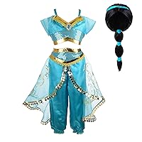 Princess Jasmine Costume for Girls Arabian Sequin Jasmine Dress & Wig Set Halloween Birthday Dress Up Cosplay Outfit