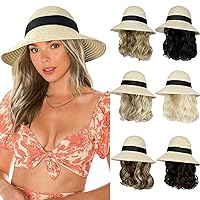 Sun Hat with Hair Extensions Hat Wig UPF 50+ Foldable Wide Brim Straw Beach Hat Attached 9
