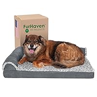 Furhaven Memory Foam Dog Bed for Large/Medium Dogs w/ Removable Bolsters & Washable Cover, For Dogs Up to 55 lbs - Two-Tone Plush Faux Fur & Suede L Shaped Chaise - Stone Gray, Large