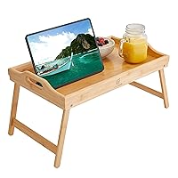 Bamboo Bed Tray Portable Wooden Breakfast in Bed Serving Table Set with Folding Legs & Carry Handles for Eating Food or Working on Laptop. Great Home Gift for Women, Men, Kids & Elderly