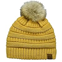Trendy Fuzzy Fleece Lined Warm Soft Stretch Cable Knit Ribbed Faux Fur Pom Skull Cap Cuff Beanie Hat