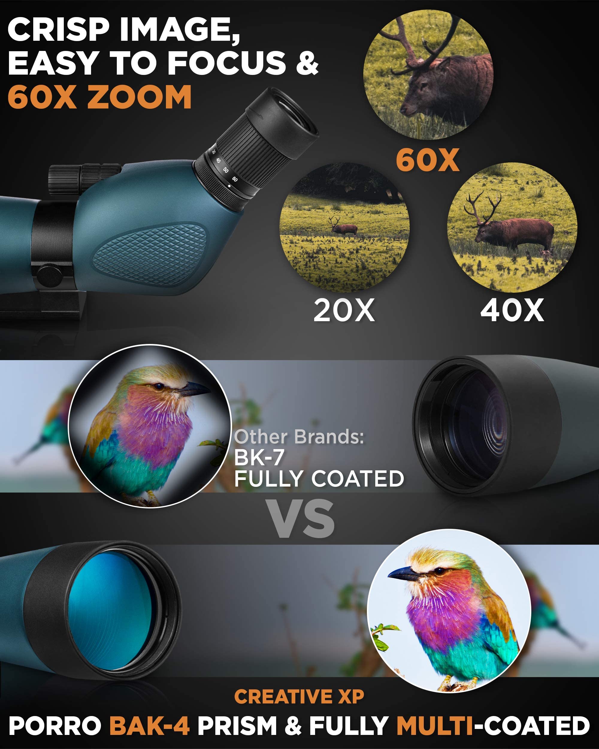 CREATIVE XP Spotting Scopes 20-60x80mm or 20-60x60mm Zoom with FMC Lens, 45 Degree Angled Eyepiece, Fogproof Spotting Scope with Tripod, Compact with Phone Adapter for Birding Watching