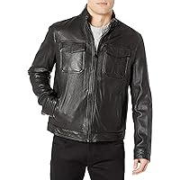 Tommy Hilfiger Men's Genuine Smooth Lamb Leather Stand Collar Trucker Jacket
