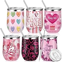 Tessco 6 Pcs Valentine's Day Tumblers Cups 12 oz Insulated Valentine's Day Stainless Steel Mug Tumblers with Lid Heart Vacuum Wine Cup Valentines Day Gift for Her Birthday Wedding Party (Love Style)