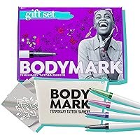 Gift Set Temporary Tattoo Marker for Skin, Premium Brush Tip, 4 Count Pack of Assorted Colors and Stencils, Skin-Safe Temporary Tattoo Markers Set