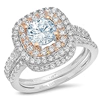 2.0ct Round Cut Robotic Laser Engraved Personalized Custom Halo Pave Halo Natural Sky Blue Topaz Engagement Art Deco Statement Everlasting Wedding Ring Band set Curved 18K White Rose Gold SZ 6.5