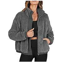 Womens High Neck Faux Fur Fluffy Fleece Sweat Jackets Drop Shoulder Long Sleeve Fuzzy Winter Comfy Coat for Sports