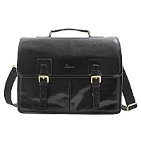 Mens Italian Leather Black Briefcase Expandable Office Bag Messenger Laptop Case - Thomas, Black, L, Briefcase
