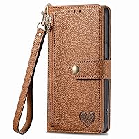 XYX Wallet Case for Samsung A35 5G, RFID Blocking Love Heart Pu Leather Case Zipper Purse Wrist Strap with 7 Card Slots for Galaxy A35 5G, Brown