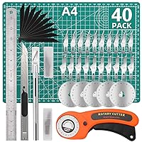Rotary Cutter Set, Rotary Cutter for Fabric, 40 Pcs Fabric Cutter Wheel Kit, with A4 Self Healing Mat, 1 Craft Knife, Steel Rule, 2 Different Models Exacto Knifefor Sewing, Quilting, Crafts Fabric
