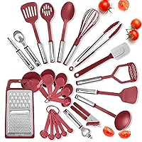 Cooking Utensils Set - 24 Pieces Nylon Kitchen Gadgets, Spatula Set with Stainless Steel Handles - Heat Resistant Kitchen Utensils Set - Red Kitchen Tools and Gadgets