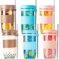 6 Pack Bubble Tea Cup, 24oz Iced Coffee Cups, Mason Jar with & Straws & 6 Airtight Lids, Reusable Wide Mouth Smoothie Boba Cup, Clean Brush, Glass Cups, Travel Drinking Bottle