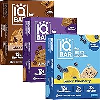 IQBAR Brain and Body Keto Protein Bars 12-Count Chocolate Lovers Variety, Lemon Blueberry & Almond Butter Chip - Low Carb Protein Bars, High-Fiber Vegan Bars, Low Sugar Meal Replacement Bars