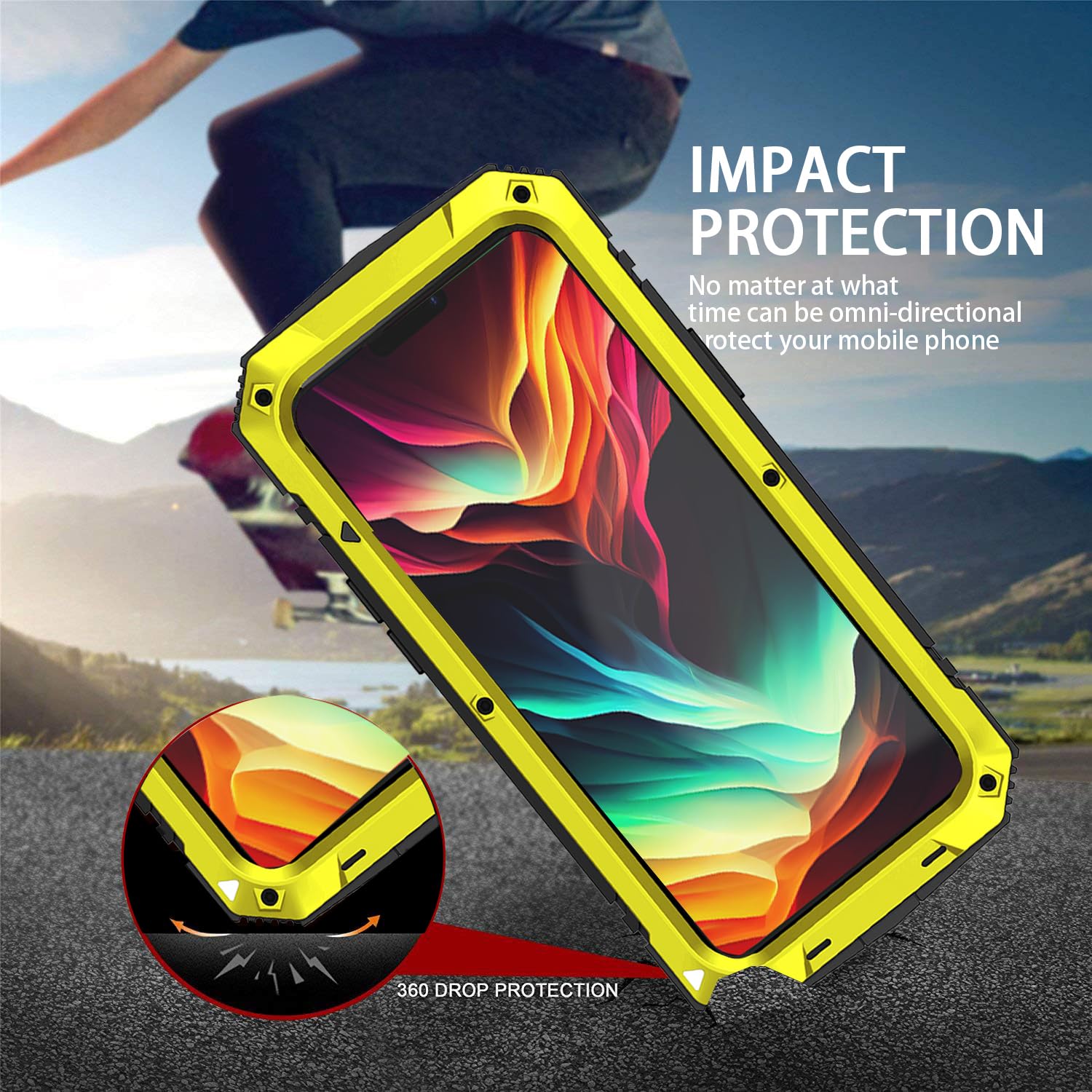 Simicoo Compatible with iPhone 15 Pro Max Metal Case with Screen Protector Camera Protector Military Rugged Heavy Duty Shockproof Case with Metal Kickstand Full Body Tough Dustproof Case (Yellow)
