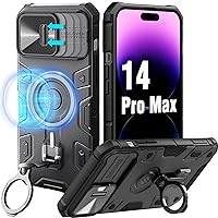 ErHu iPhone 14 Pro Max Case Armor Compatible with MagSafe, Case iPhone 14 Pro Max with Rotatable Kickstand & Camera Cover, Case for iPhone 14 Pro Max Military Grade Hard Plastic 6.7 inches (Black)