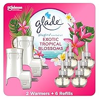 Glade PlugIns Refills Air Freshener Starter Kit, Scented and Essential Oils for Home and Bathroom, Tropical Blossoms, 4.02 Fl Oz, 2 Warmers + 6 Refills
