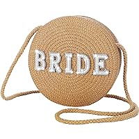 SilTriangle Wedding Bride Straw Shoulder Bag Handwoven Round Bag Rhinestone Pearl Letters Wedding Vacation Purse Honeymoon Vacation Gift Essentials for Bride, Brown
