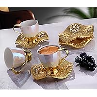 LaModaHome Espresso Coffee Cups with Saucers, Set of 6 Turkish Arabic Greek Coffee Cups for Women, Men, Guests or for Tea Party. Traditional Cappuccino Cups for Latte -gold/silver (Gold White)