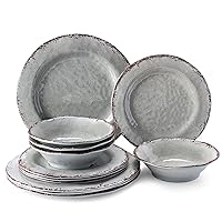 Farmhouse Melamine Dishes Dinnerware Set, 12 Piece Rustic Plates and Bowls Great for Picnic, Camping, Service for 4, Reusable and Dishwasher Safe, Indoor and Outdoor Use