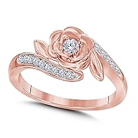 14K White Gold Finish Round Cut White Cubic Zirconia Rose Flower Design Fashion Ring Women's Jewelry