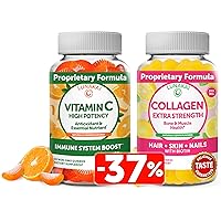 Vitamin C and Collagen Gummies Bundle - Organic VIT C Vegan Chewable Gummy Vitamins - Anti Aging Protein Supplements for Men & Women, Vitamins for Hair, Skin and Youthful Appearance