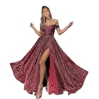 Women's Glitter Off Shoulder Prom Dresses Long for Teens A Line Glitter Formal Evening Ball Gown with Slit YA035