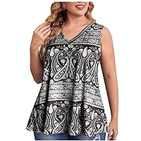 Floral Print Tank Tops for Women Plus Size V Neck Sleeveless Tshirts Casual Loose Flowy Hide Belly Tunic Blouses for Leggings