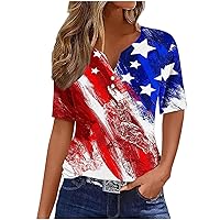 Ladies American Flag Tops Summer Short Sleeve Button Henley Shirts Casual Loose Fit V Neck Vintage Blouse for Women