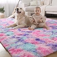 LOCHAS Luxury Fluffy Rainbow Area Rug for Girls Bedroom 4x6, Soft Fuzzy Kids Rugs for Bedroom Boys Room Playroom, Cute Colorful Tie Dye Princess Carpet for Nursery Teen Toddler Home Decor, Pink/Purple