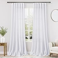 Nanspring Pure White Semi Sheer Linen Curtains 90 inch Length for Living Room Back Tab Modern Farmhouse Coastal Decor Snow White Cotton Textured Gauze Curtains 90 inches Long for Dining Room Office