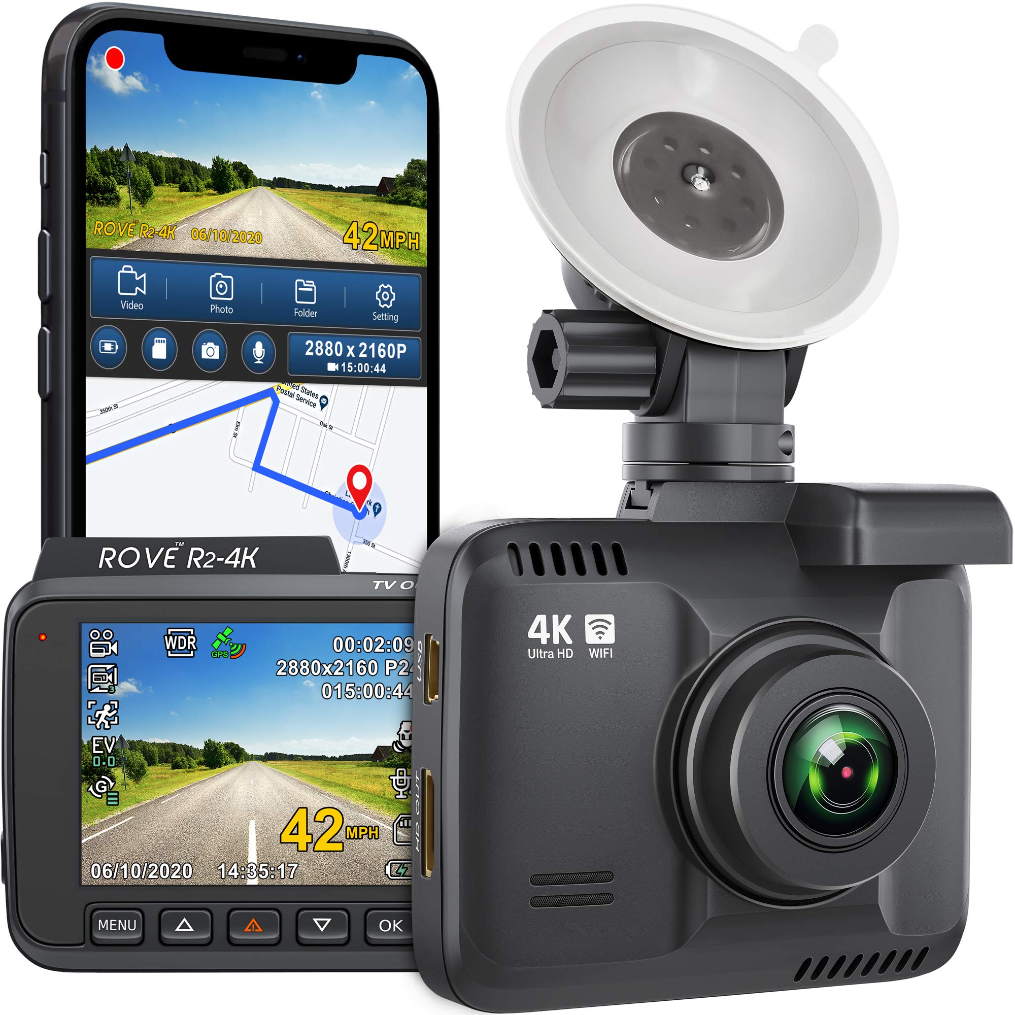 Rove R2-4K Dash Cam Built in WiFi GPS Car top Dashboard Camera Recorder with UHD 2160P, 2.4