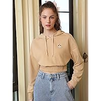 Sweatshirts for Women - Cat Patched Drop Shoulder Crop Sweatshirt (Color : Camel, Size : X-Small)
