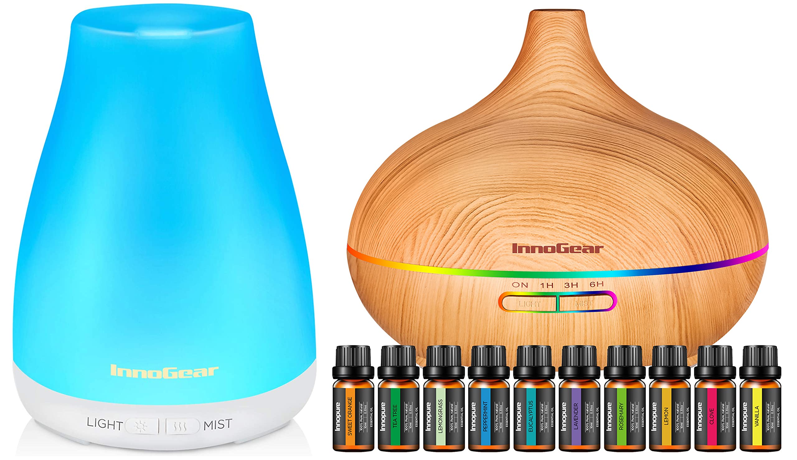 InnoGear 100ml Mini Portable Oil Diffuser & 400ml Aromatherpy Diffuser with 10 Essential Oils Set, with Adjustable Mist 7 Color Lights Waterless Auto Off for Home Office Room, Pack of 2