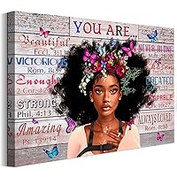WOWGOOMO Vintage African American Women Wall Art Fashion Black Girl Portrait Canvas Pictures You Are Bible Quotes Poster for Living Room Bedroom Home Office Framed Inspirational Gift for Women 12