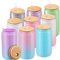 9 Pcs 16oz Sublimation Glass Cups with Bamboo Lid and Straws Can Shaped Glass Cups Wide Mouth Drinking Jars Sublimation Beer Can for Drinking Party Gift Iced Coffee Milk Juice (Cute Colors)