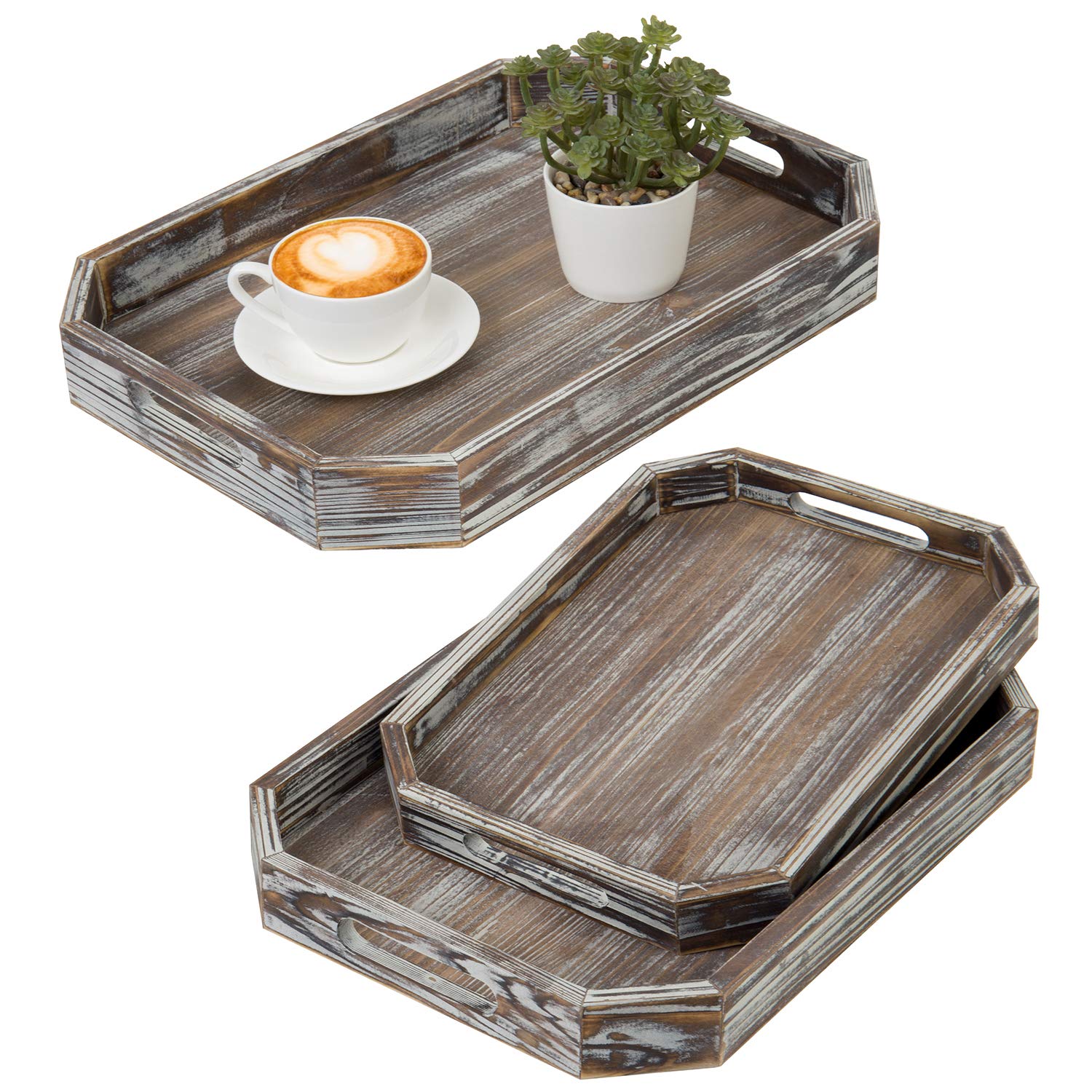 MyGift Set of 3 Rustic Torched Wood Serving Tray with Handles, Nesting Angle Edged Breakfast Trays for Bed