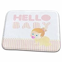 3dRose Baby girl crawling and hello baby message on pink and... - Dish Drying Mats (ddm-156667-1)