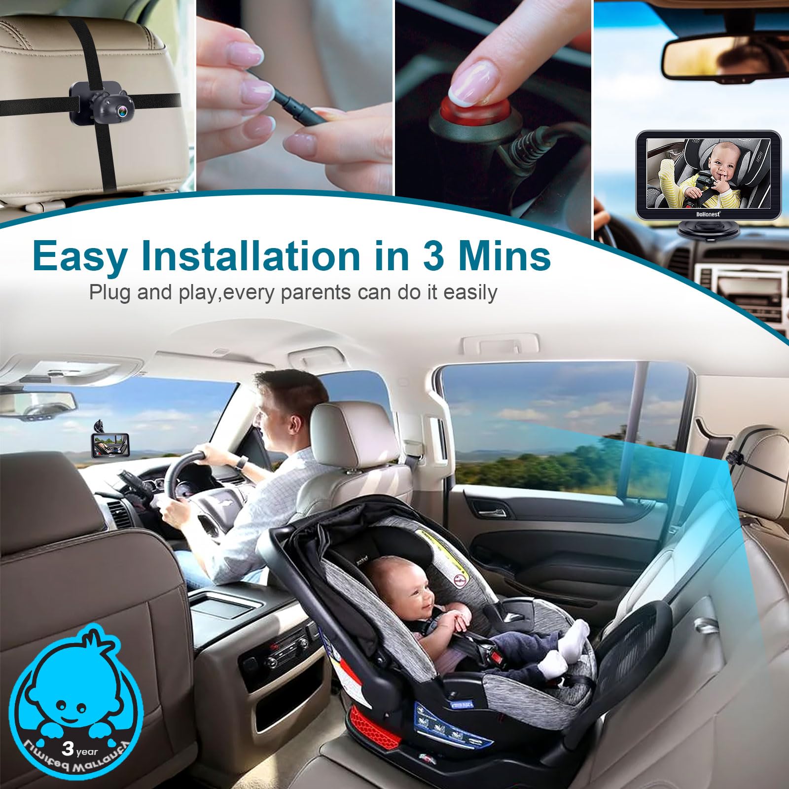 DoHonest Baby Car Camera 7-Inch: USB Plug and Play Easy Setup 360° Rotating Backseat Camera Two Kids HD 1080P Rear Facing Car Seat Camera Clear Night Vision -V9